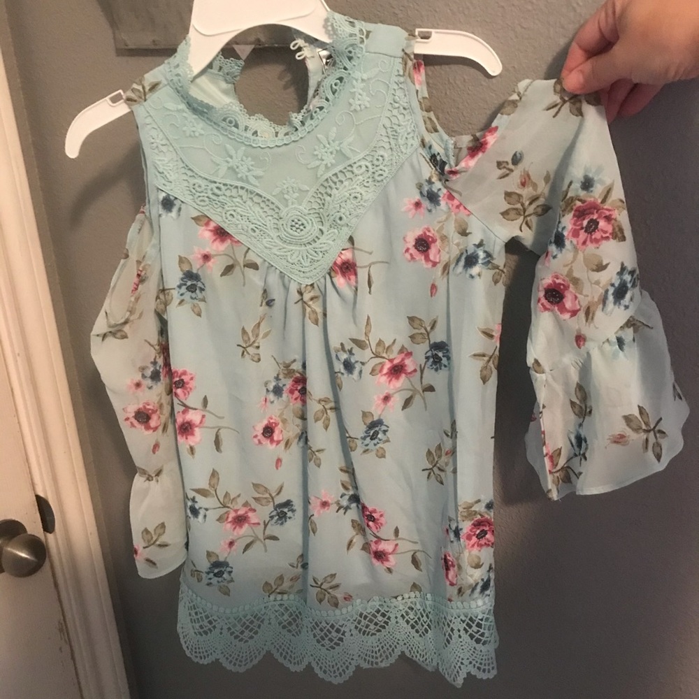 Girls floral M off shoulder blouse tunic lace aqua